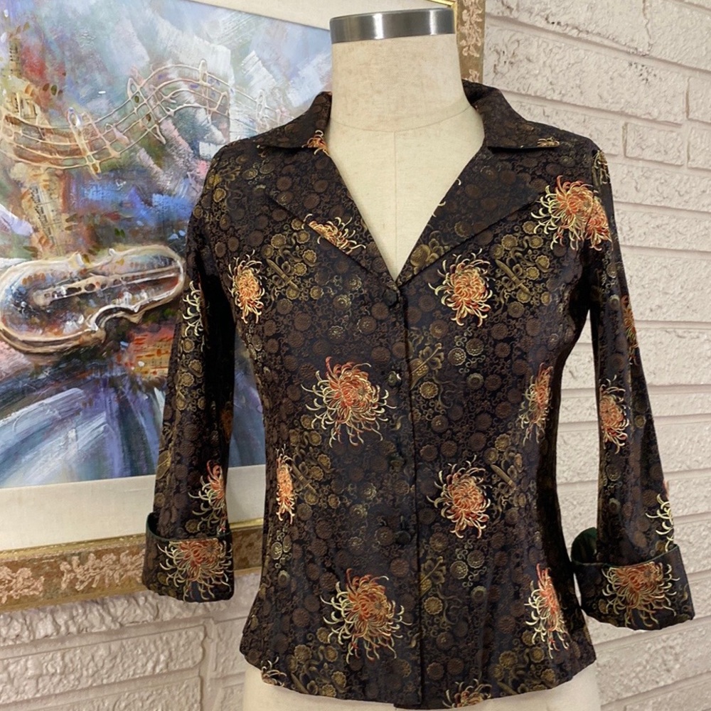 GiGi Clark 100% Silk  Brocade Asian Floral Print Jacket
